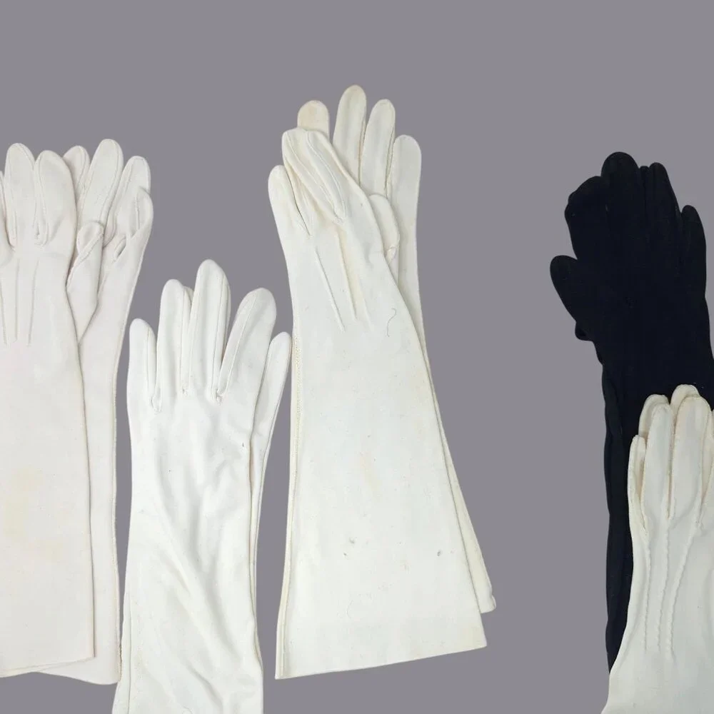 Vintage Antique Gloves White Black Gray Wrist Long 8 Pairs